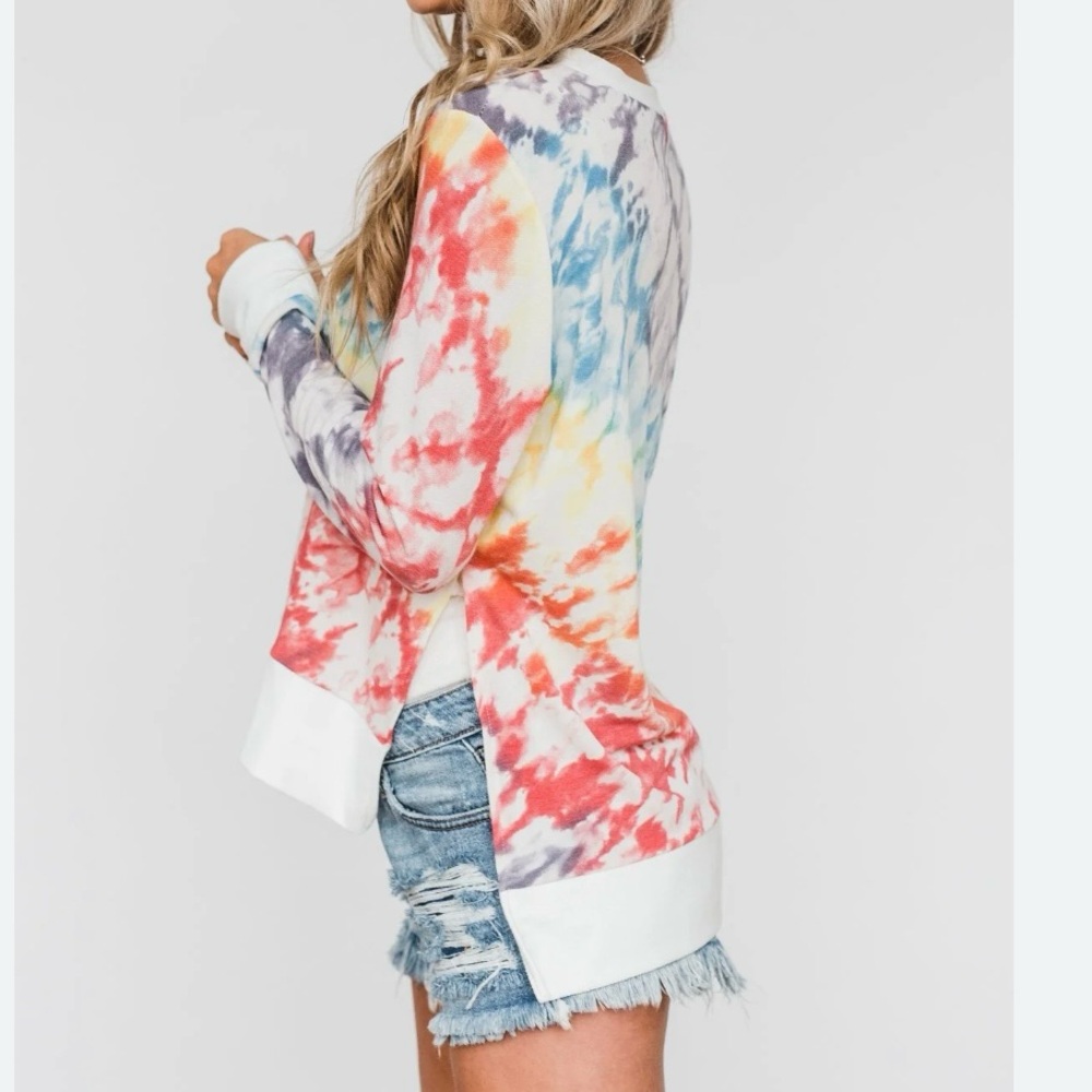 White Birch tie dye colorful lightweight high low hem slits sweatshirt - small